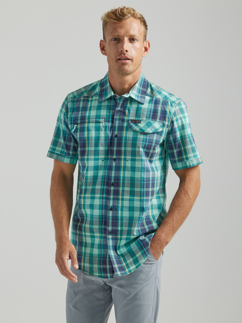 Wrangler Men's ATG Asymmetrical Zip Pocket Short Sleeve Plaid Shirt in Tidewater Teal