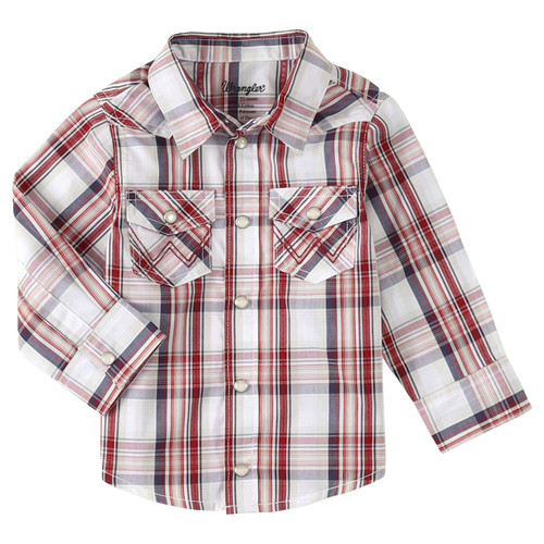 Wrangler Little Boy's Long Sleeve Snap Front Plaid Western Shirt in Red