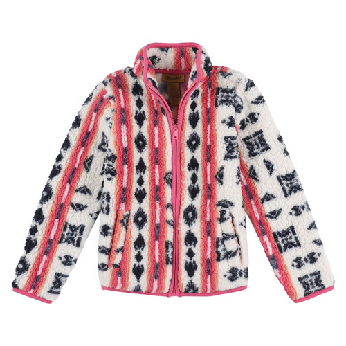 Wrangler Girl's Sherpa Zip Up Jacket in White andn Pink with Black Aztec Print
