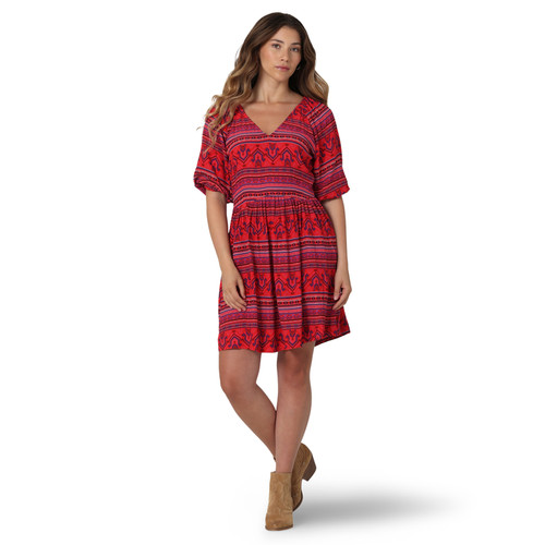 Wrangler Women's Half Sleeve V-Neck Dress in Red Multi Print