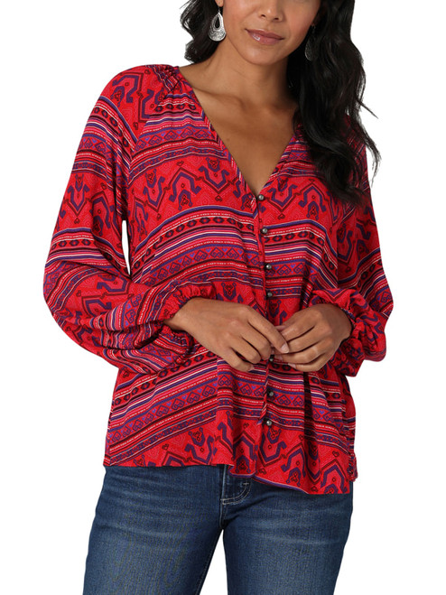 Wrangler Women's Long Sleeve Button Up Blouse in Red Multi Print