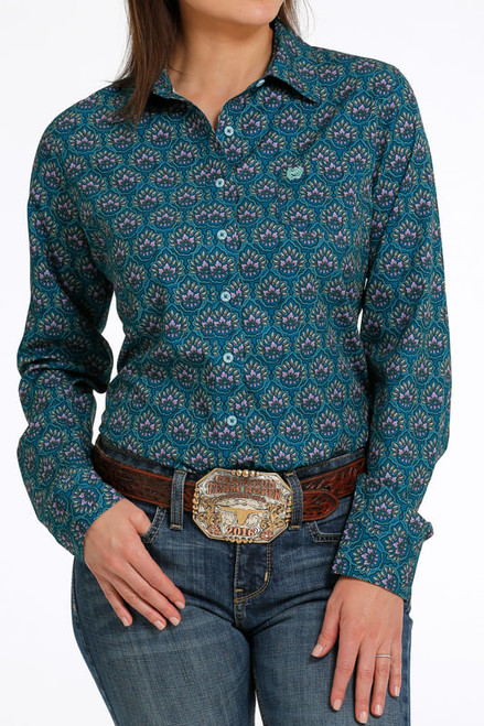 Cinch Women's ARENAFLEX Woven Print Long Sleeve Button-Down Western Shirt in Teal