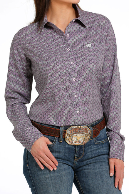 Cinch Women's ARENAFLEX Woven Print Long Sleeve Button-Down Western Shirt in Lilac