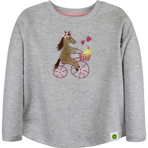 John Deere Toddler Girls Joy Ride Horse Graphic Glitter Grey Long Sleeve Shirt