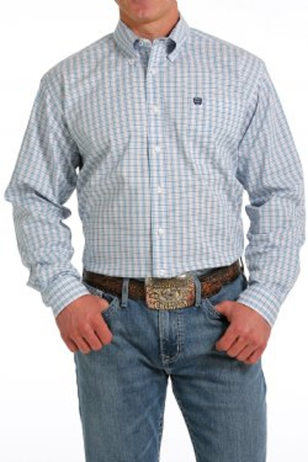 Cinch Men's Stretch White/Turquoise/Red Plaid Button Down Long Sleeve Western Shirt