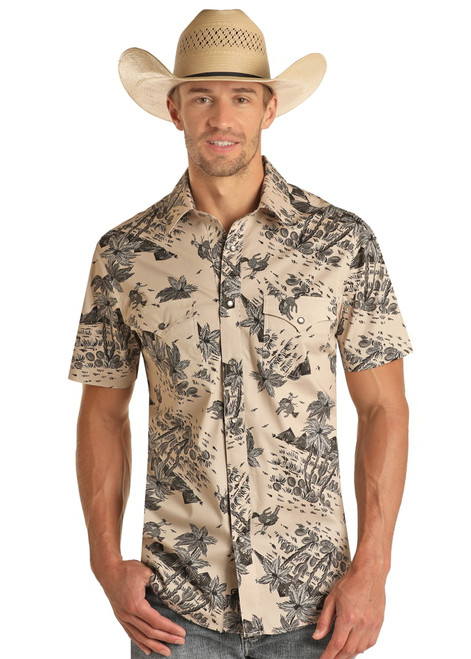 Rock & Roll Denim Mens Cream and Charcoal Tropical Short Sleeve Western Shirt