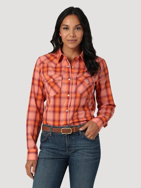 Wrangler Ladies Long Sleeve Western Snap Orange Shirt