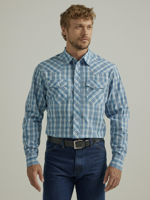 Wrangler Mens Long Sleeve Fashion Snap Plaid Shirt Blue