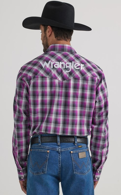 Wrangler Mens Western Purple Plaid Long Sleeve Western Logo Shirt