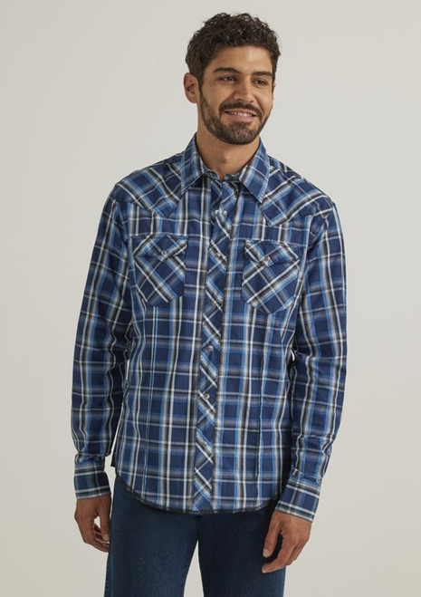 Wrangler Mens Fashion Blue Snap Long Sleeve Shirt