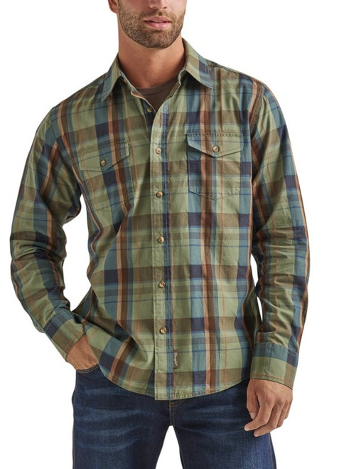 Wrangler Mens Green Plaid Retro Premium Long Sleeve Shirt