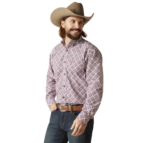 Ariat Mens White and Berry Shiloh Classic Casual Long Sleeve Western Shirt