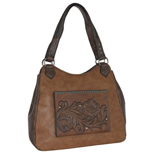 Justin Ladies Tote Brown with Tooled Front Pocket