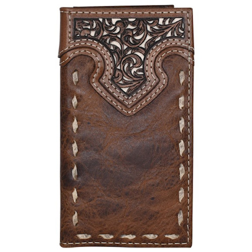 Justin Mens JR Brown Rodeo Wallet w/Tooled Yoke and Rawhide Buck Stitch