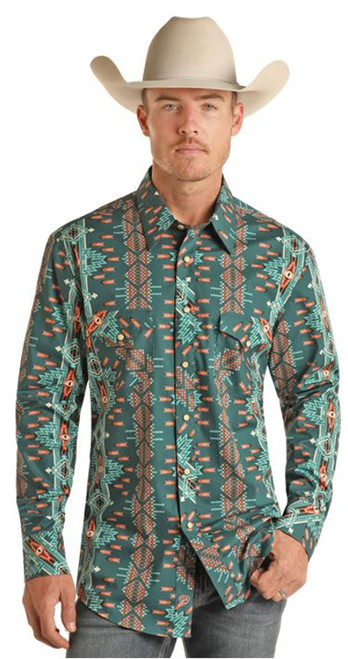 Rock & Roll Cowboy Men's Aztec Woven Print Long Sleeve Turquoise Snap Shirt