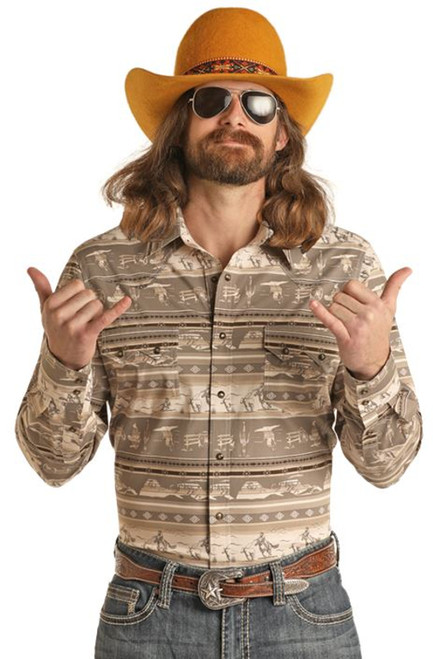 Rock & Roll Cowboy Men's Dale Conversational Print Taupe Long Sleeve Snap Shirt