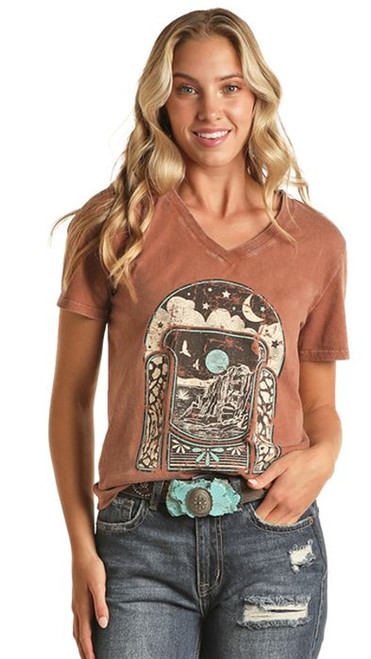 Rock & Roll Cowgirl Ladies Waterfall Scene Graphic Brown Short Sleeve Shirt