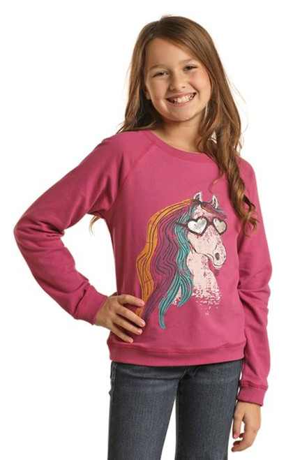 Rock & Roll Cowgirl Girl's Horse Print Graphic Dark Orchid Long Sleeve Sweater Shirt