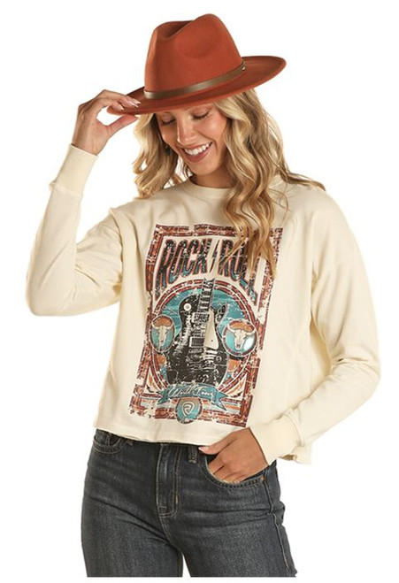 Rock & Roll Cowgirl Women's Rock n Roll Guitar Graphic Cream Long Sleeve Shirt