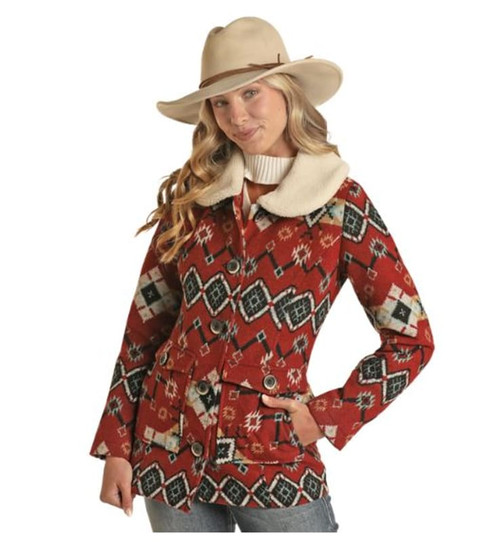 Powder River Outfitters Womens Scarlet Aztec Jacquard Wool Coat with Berber