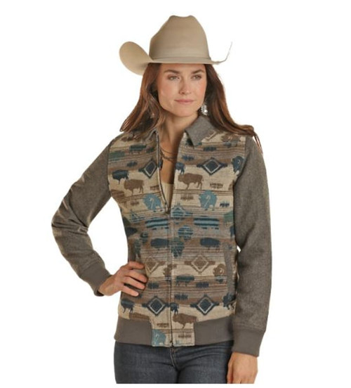 Powder River Outfitters Womens Grey Buffalo Jacquard Wool Bomber