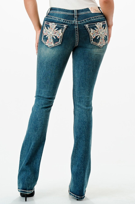 Grace In LA Womens Bright Embroidered Cross Bootcut Jeans