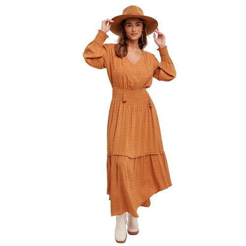 West & Wild Womens Caramel Smocked Waist Tassel Trim Ruffle Maxi Dress