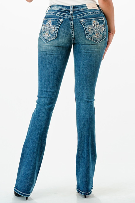 Grace In LA Womens Embroidered Multi Fleur De Lis Bootcut Jean