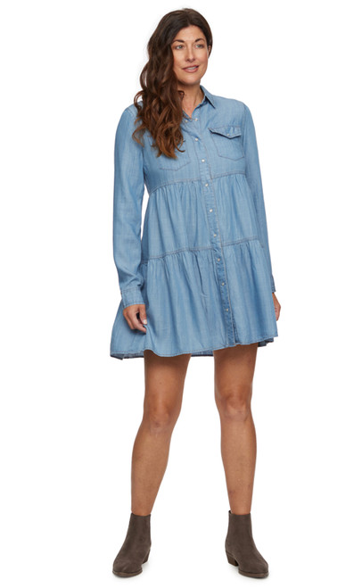 Threadgrit Women's Cassidy Tiered Long Sleeve Button-Front Mini Denim Dress