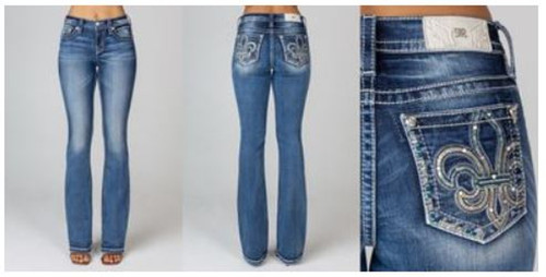 Miss Me Women's Silver Sequins Fleur-De-Lis Mid Rise Medium Wash Bootcut Jeans