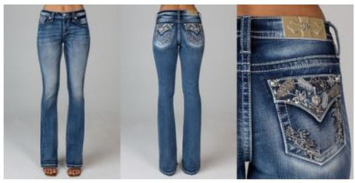 Miss Me Women's Floral Mid Rise Medium Wash Bootcut Denim Jeans