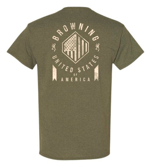 Browning Men's Ribbon Flag Shield Graphic Military Green Short Sleeve Shirt