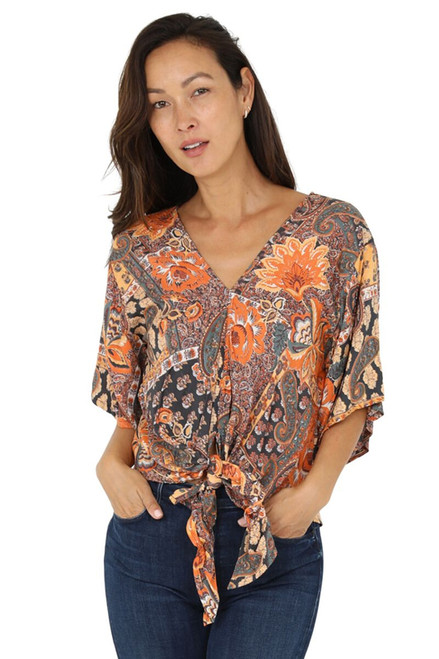 Nostalgia Women's 3/4 Sleeve Orange Floral Sunset Shirt