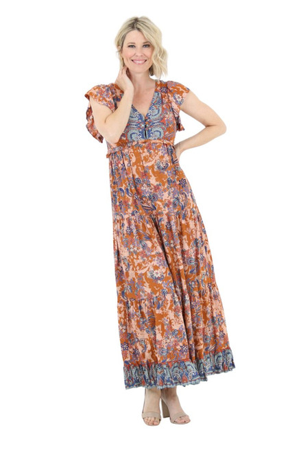 Nostalgia Women's Rust Paisley Floral Print Short Sleeve Dress