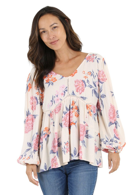Nostalgia Women's Ivory and Pink Floral Long Sleeve Blouse
