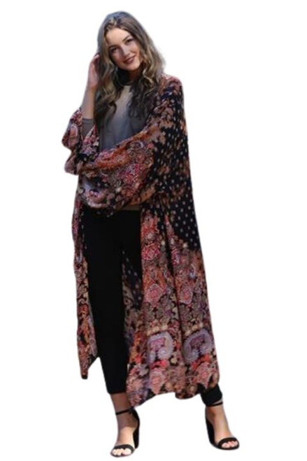 Nostalgia Women's Black Floral Bubble Sleeve Kimono