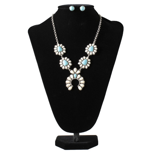 Silver Strike Ladies Turquoise Squash Blossom Pendant Earrings and Necklace Set