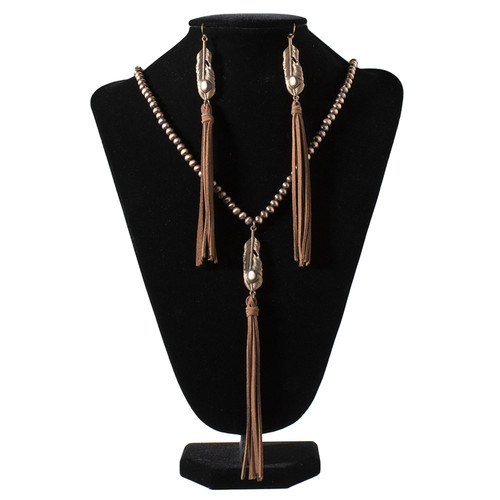 Silver Strike Ladies Brown Feather Tassel Beaded Earrings & Necklace Set