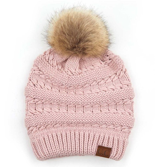 C.C Beanie Rose Whipstitch Knit Faux Fur Pom Beanie