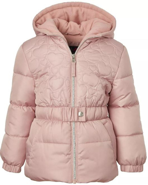 Pink Platinum Little Girl's Heart Quilted Puffer Jacket with Belt Detail, Blush Pink