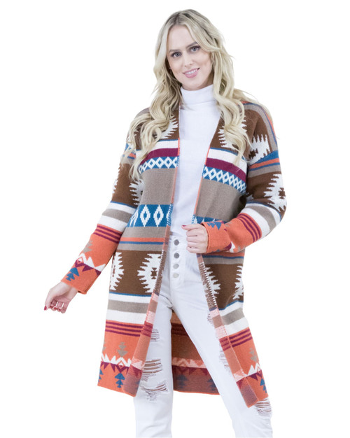 iScarf Women's Block Tribal Rust Long Sleeve Cardigan