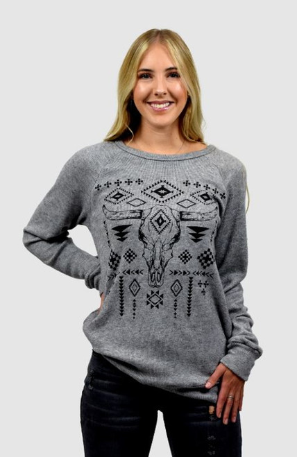 Liberty Wear Womens Grey Steer Skull Long Sleeve Shirt