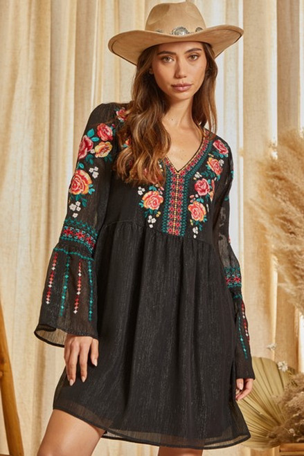 Savannah Jane Womens Black With Embroidered Roses Babydoll Dress