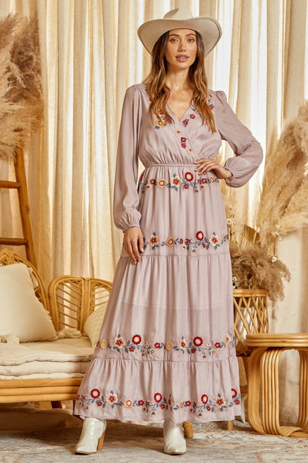 Savannah Jane Womens Mauve Floral Embroidered Tiered Maxi Dress