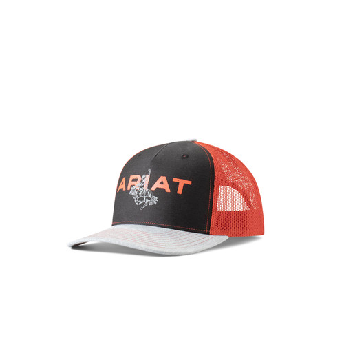 Ariat Men's Black/Red Snap Back Cap with Bucking Bronco Motif and Printed Ariat Logo