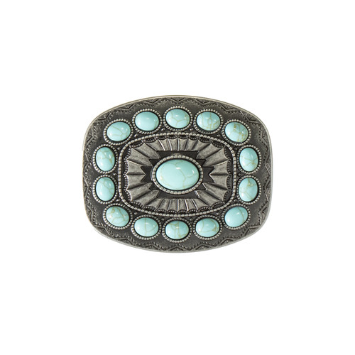 Blazin Roxx Women's Rectangle Buckle with Turquoise Stones and Engraved Southwestern Pattern