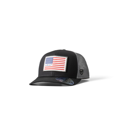 Ariat Men's Black Cap with Grey Mesh and American Flag Logo Patch