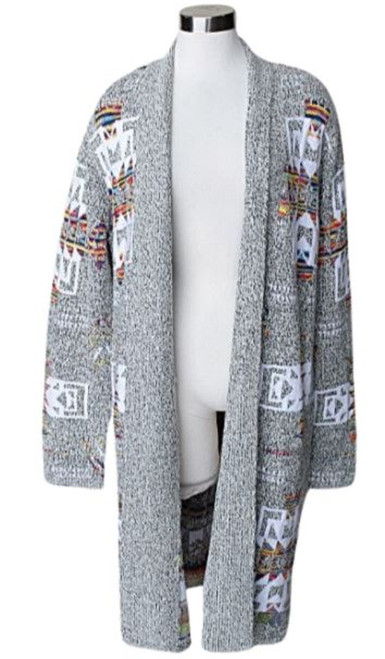 Keren Hart Women's Multicolor Aztec Print Gray Long Sleeve Open Cardigan