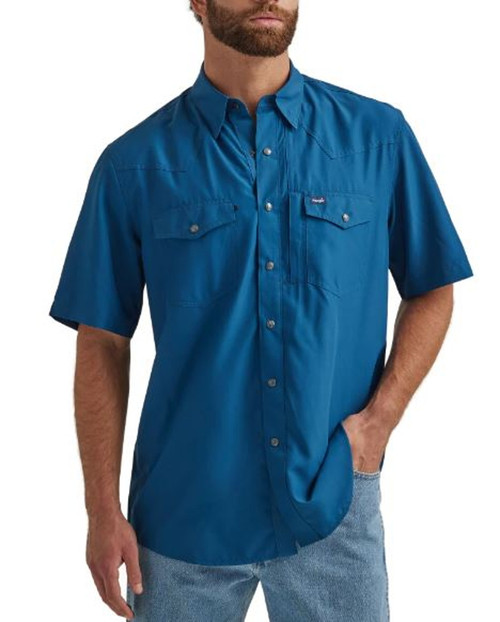 Wrangler Mens Short Sleeve Solid Blue Performance Shirt