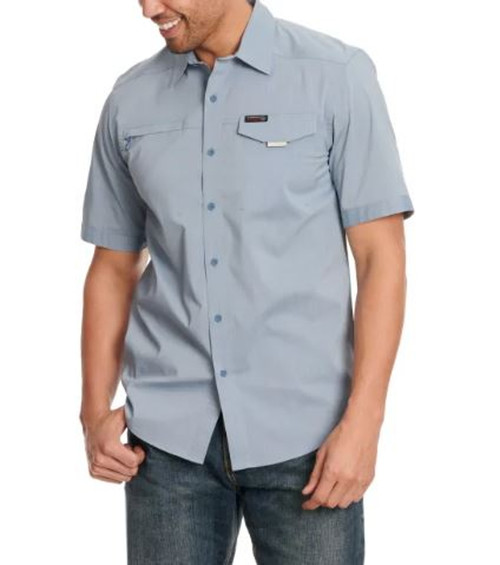 Wrangler Mens Stone Blue Asymmetric Zip Pocket Short Sleeve Shirt